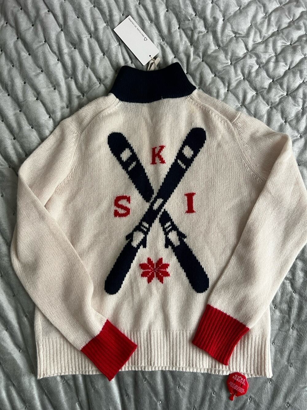 360 CASHMERE TIMBERLINE SKI MOTIF HALF-ZIP CASHMERE SWEATER - ALABASTER/NAVY